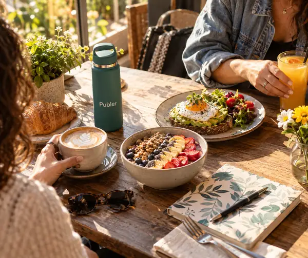Fotografía cenital y cálida de un brunch colorido en una cafetería, sobre una mesa iluminada por el sol.