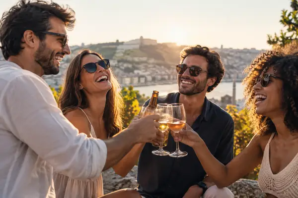 Fotografía espontánea y alegre de amigos celebrando juntos al aire libre bajo la luz de la tarde.