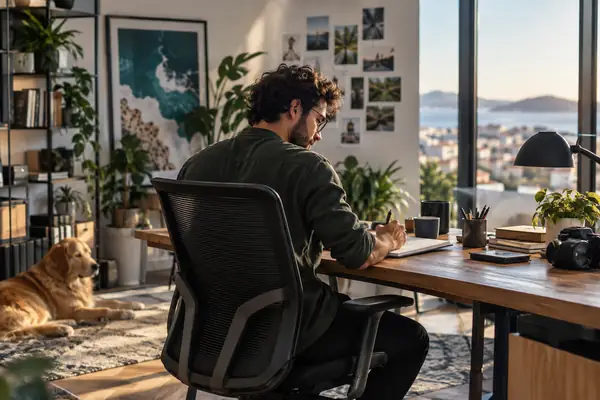 Fotografía editorial luminosa de una persona fundadora trabajando en un escritorio en un estudio moderno.