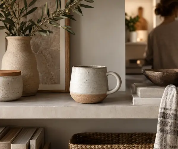 Fotografía con luz natural suave de artículos artesanales para el hogar dispuestos en una estantería de tonos neutros.